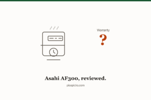 Line-art air fryer with a question mark where the warranty term should be, illustrating the Asahi AF300 review