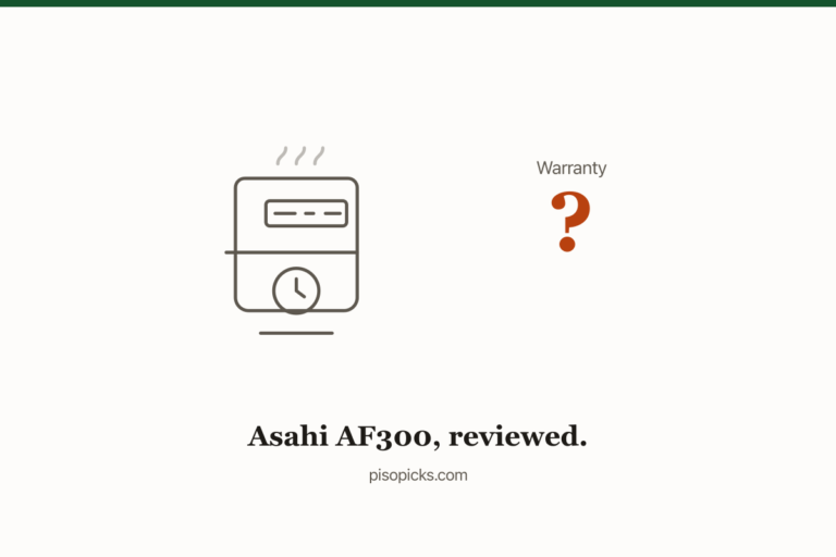 Line-art air fryer with a question mark where the warranty term should be, illustrating the Asahi AF300 review