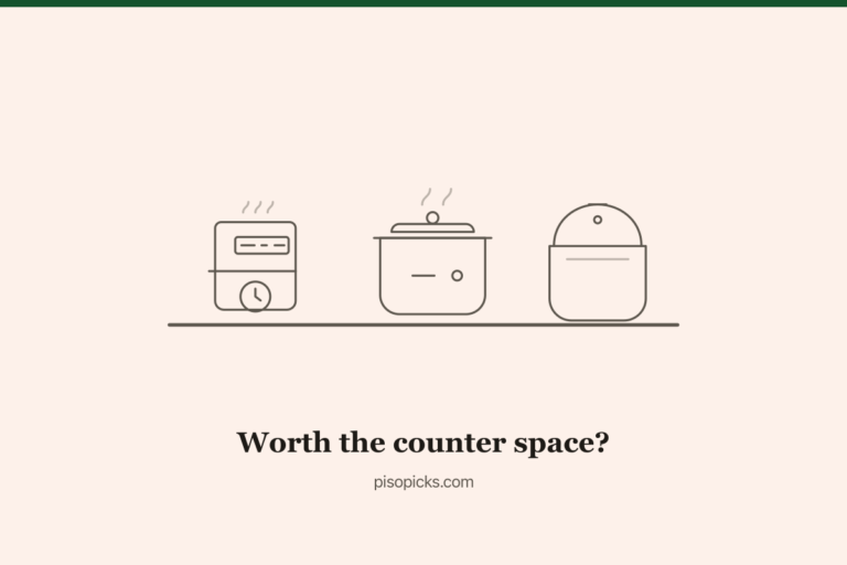 Line-art air fryer, rice cooker and turbo broiler side by side on a counter, illustrating which appliances are worth the space in a small condo kitchen
