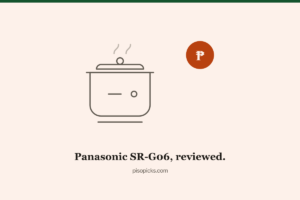 Line-art rice cooker beside a peso badge, illustrating the Panasonic SR-G06 rice cooker review